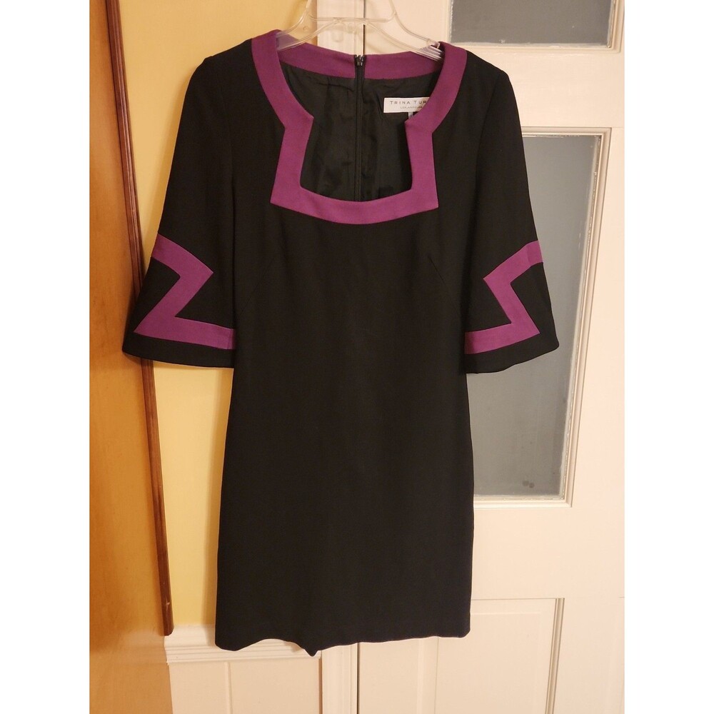 Trina Turk Black & Purple Geometric Shift Dress 3/4 Bell Sleeves Size 0